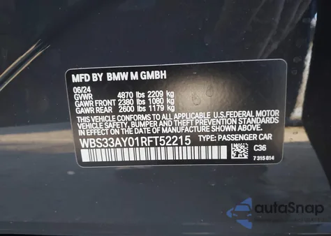 2024 BMW M3 Competition z USA, uszkodzony, nr VIN WBS33AY01RFT52215